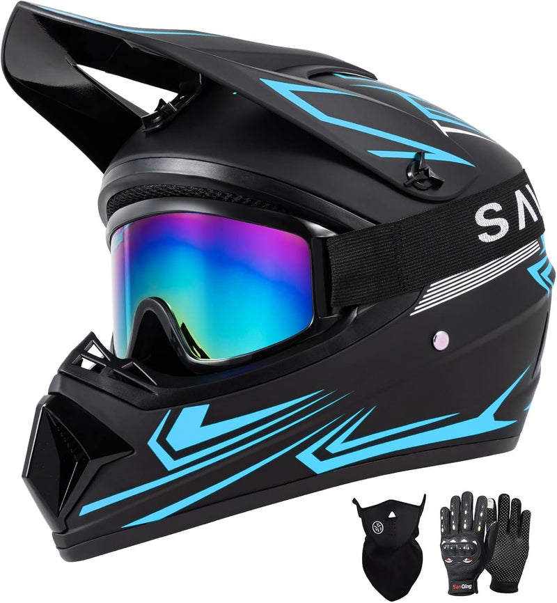 Spark DOT Motocross Dirt Bike Helmets Full Face Motorcycle Off-Road Mountain E-Bike BMX MX ATV Helmet (with Gloves Goggles Mask) 4Pcs Set (Black Blue, X-Small) - Image 1